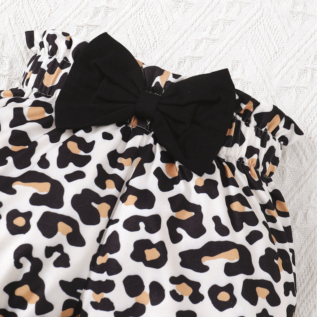 Baby Girls Leopard Print Bow Romper & Shorts Set – Cotton Two-Piece