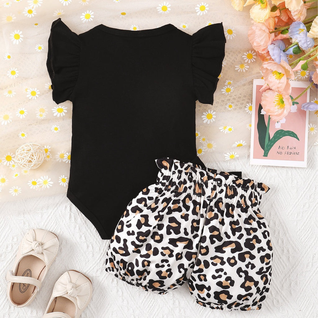 Baby Girls Leopard Print Bow Romper & Shorts Set – Cotton Two-Piece