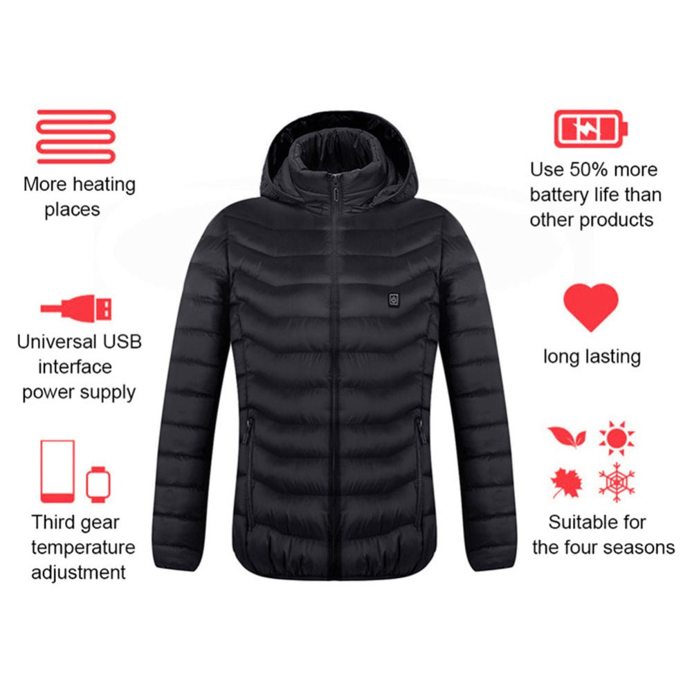 USB Heated Jacket – Unisex Thermal Zip-Up with Removable Hood