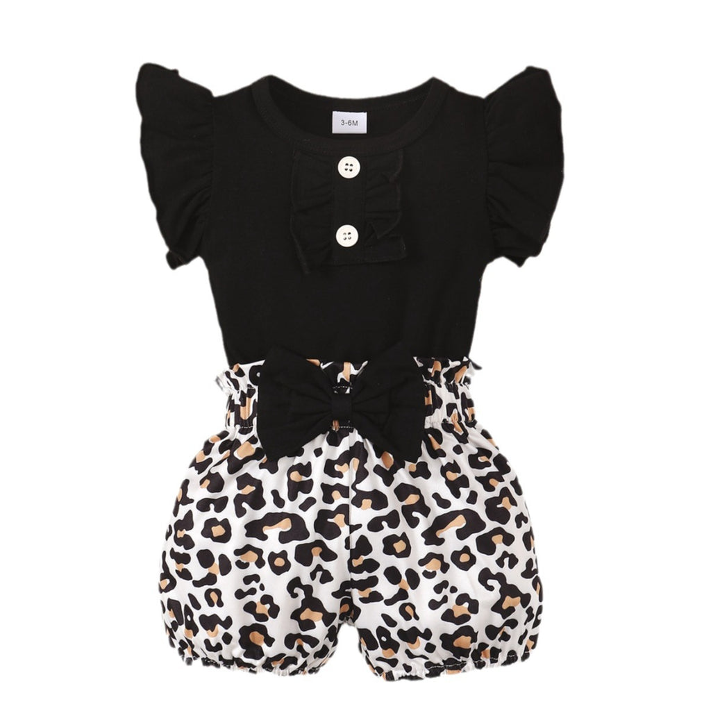 Baby Girls Leopard Print Bow Romper & Shorts Set – Cotton Two-Piece