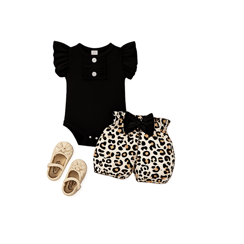 Baby Girls Leopard Print Bow Romper & Shorts Set – Cotton Two-Piece
