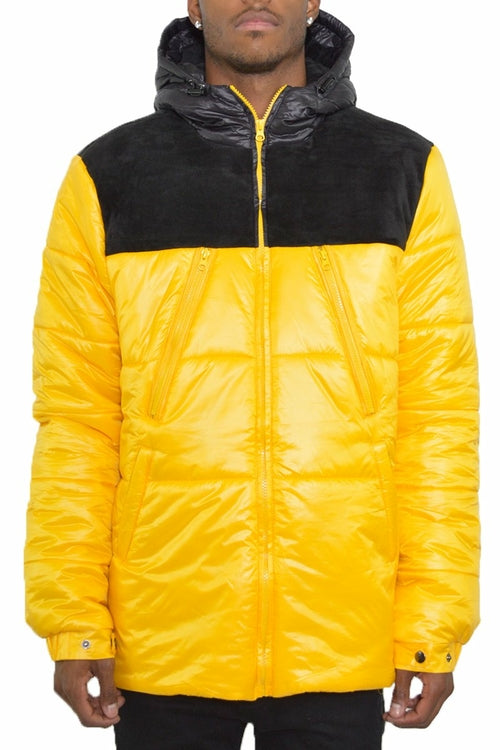 Men's Quarter Suede Bubble Jacket – Two-Tone Hooded Padded Coat