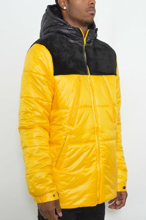 Men's Quarter Suede Bubble Jacket – Two-Tone Hooded Padded Coat
