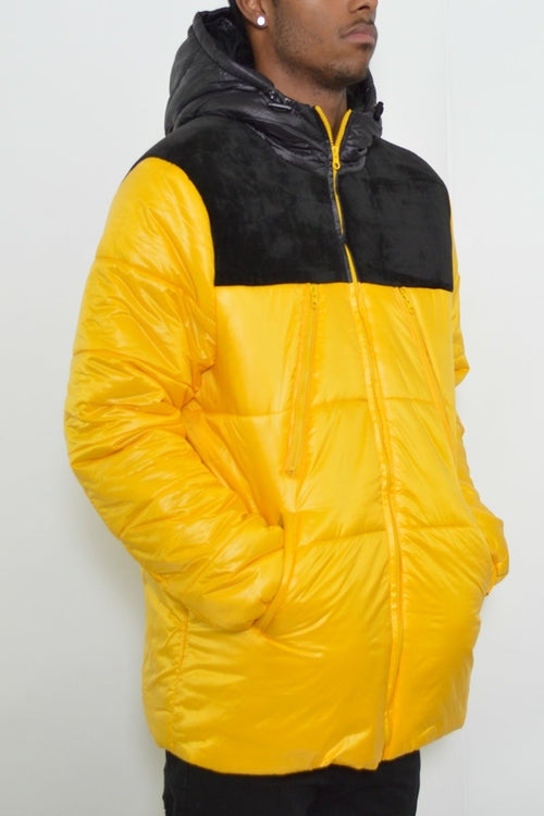 Men's Quarter Suede Bubble Jacket – Two-Tone Hooded Padded Coat