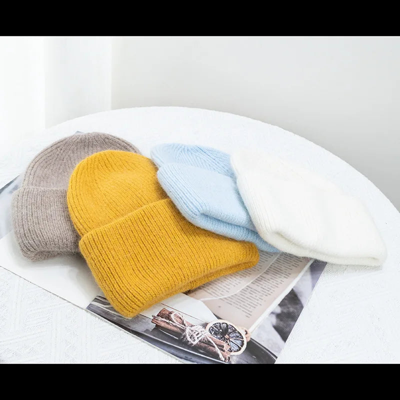 Women's Rabbit Fur Knitted Beanie | Thick Warm Winter Hat | 17 Colours