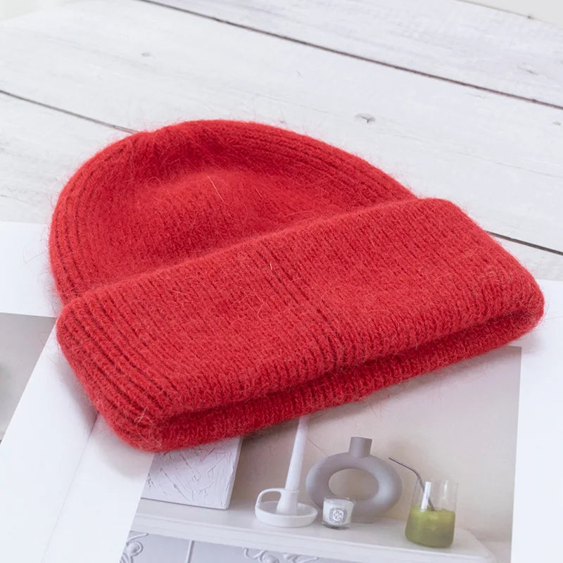 Women's Rabbit Fur Knitted Beanie | Thick Warm Winter Hat | 17 Colours