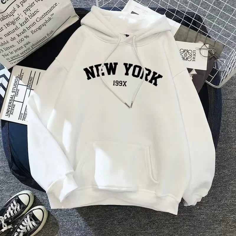 Women's New York Letter Hoodie – Y2K Fleece Pullover with Pockets