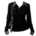 Women's Plaid Patchwork Polo Neck Top | Slim Fit Embroidery T-Shirt | Sizes S–XL