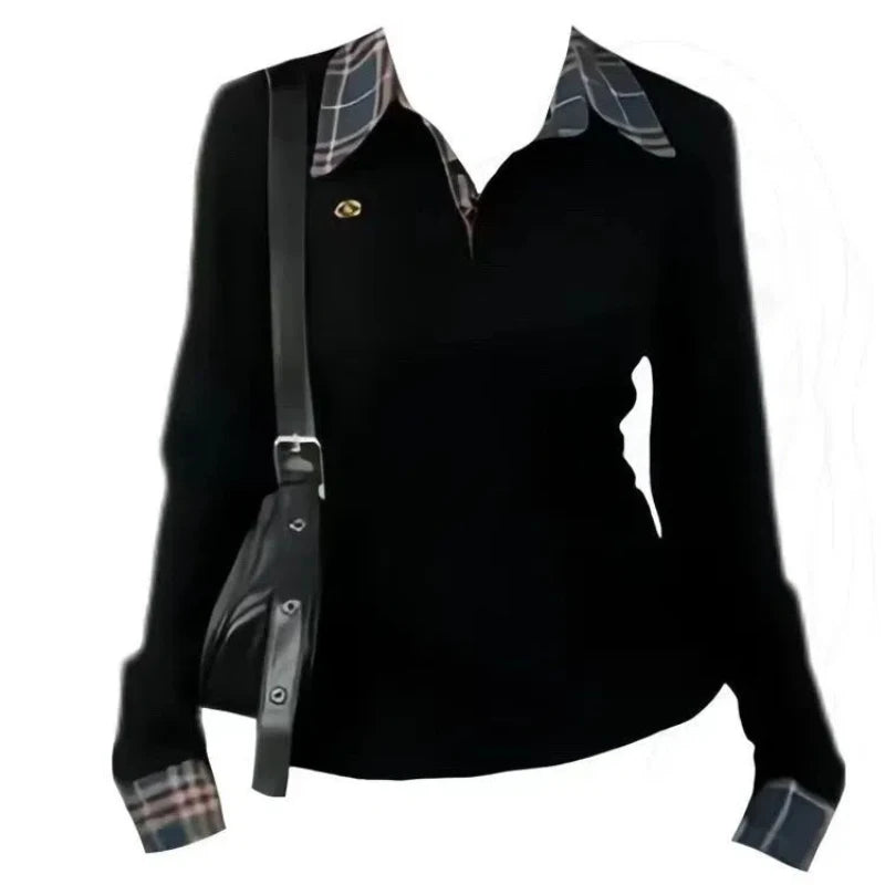 Women's Plaid Patchwork Polo Neck Top | Slim Fit Embroidery T-Shirt | Sizes S–XL