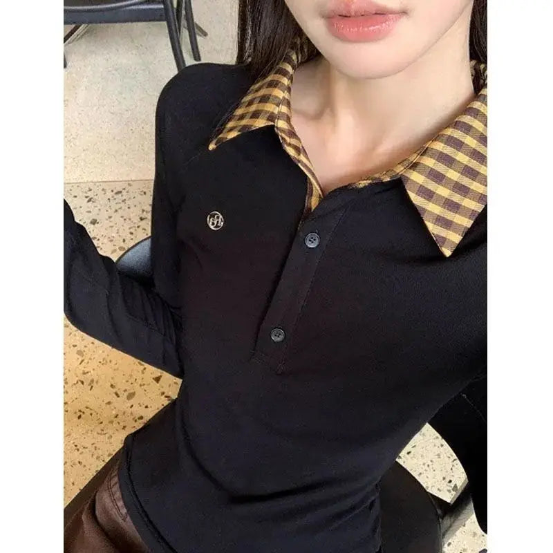 Women's Plaid Patchwork Polo Neck Top | Slim Fit Embroidery T-Shirt | Sizes S–XL
