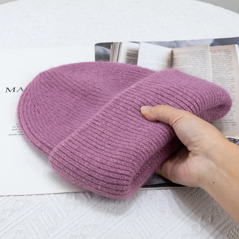 Women's Rabbit Fur Knitted Beanie | Thick Warm Winter Hat | 17 Colours