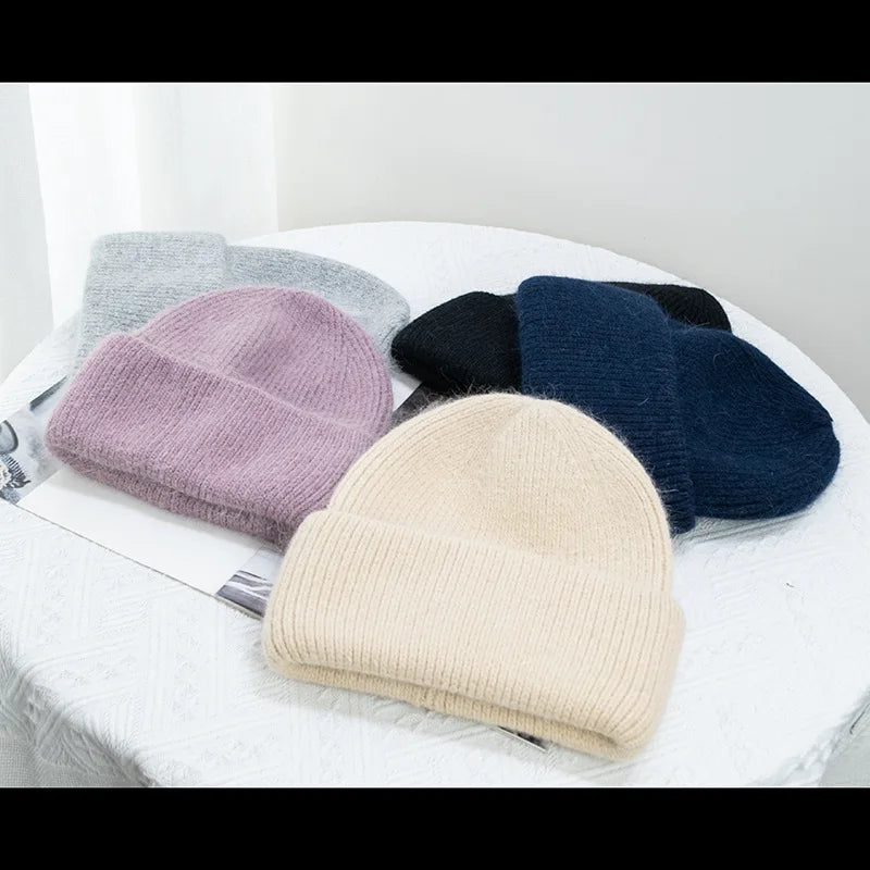 Women's Rabbit Fur Knitted Beanie | Thick Warm Winter Hat | 17 Colours