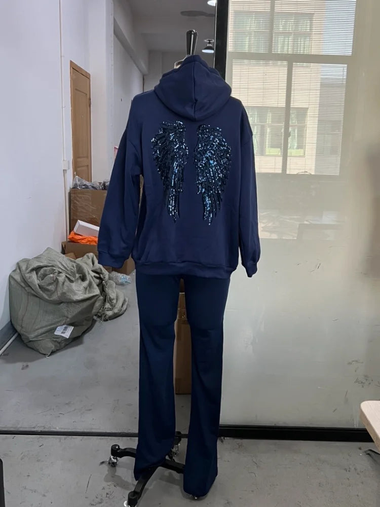 Women's Sequin Angel Wings Oversized Hoodie | Y2K Drop-Shoulder Pullover & Jogger Set
