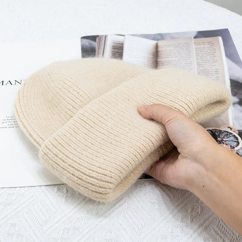 Women's Rabbit Fur Knitted Beanie | Thick Warm Winter Hat | 17 Colours