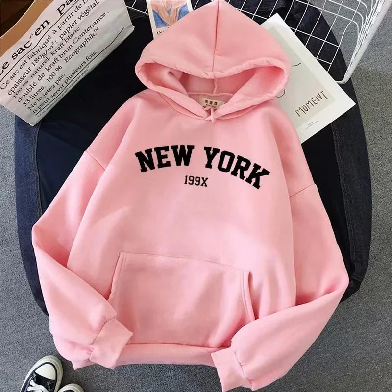 Women's New York Letter Hoodie – Y2K Fleece Pullover with Pockets