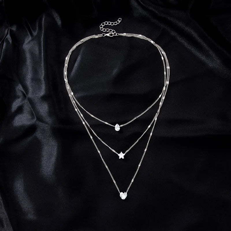 Women's Zircon Heart Pendant Necklace | Multilayer Chain Choker | Party Jewellery Gift
