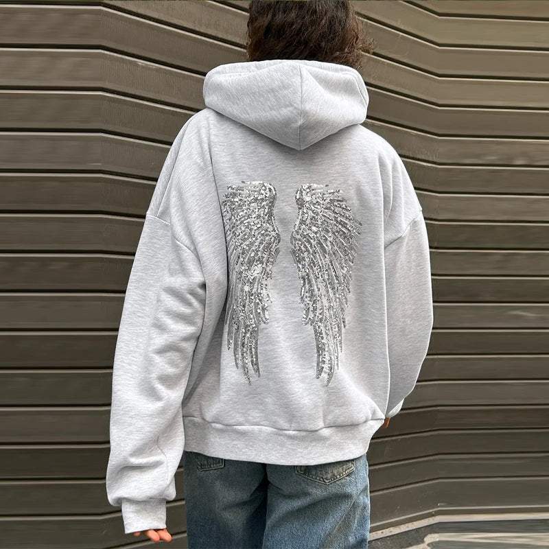 Women's Sequin Angel Wings Oversized Hoodie | Y2K Drop-Shoulder Pullover & Jogger Set