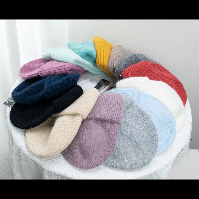 Women's Rabbit Fur Knitted Beanie | Thick Warm Winter Hat | 17 Colours