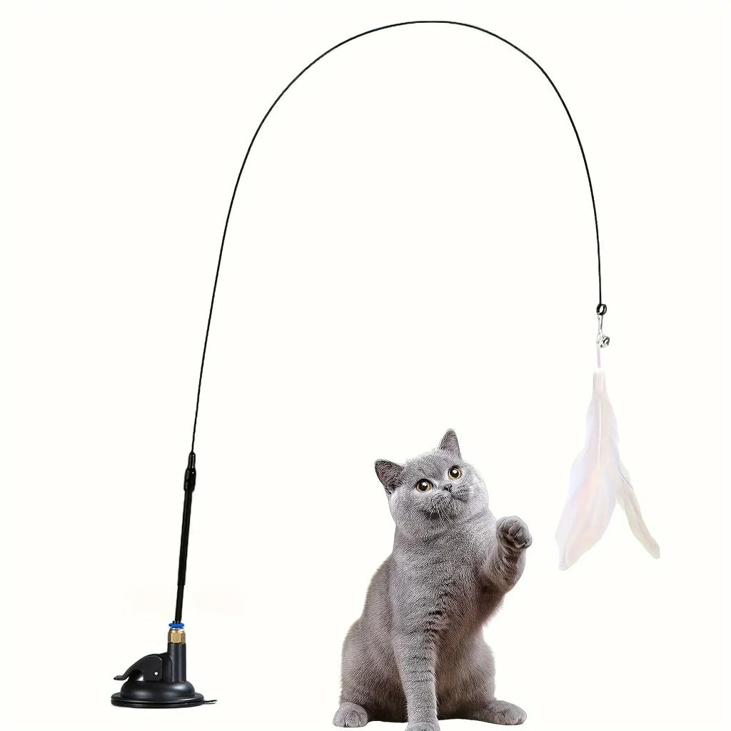Cat Feather Wand Teaser | Interactive Bell & Feather Toy with Suction Cup Base