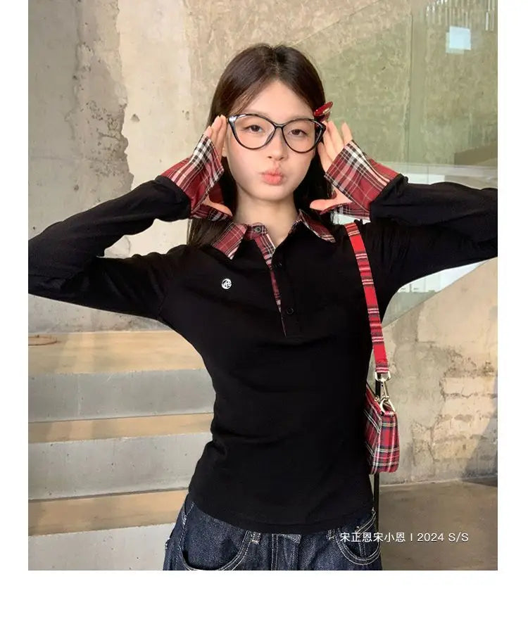 Women's Plaid Patchwork Polo Neck Top | Slim Fit Embroidery T-Shirt | Sizes S–XL