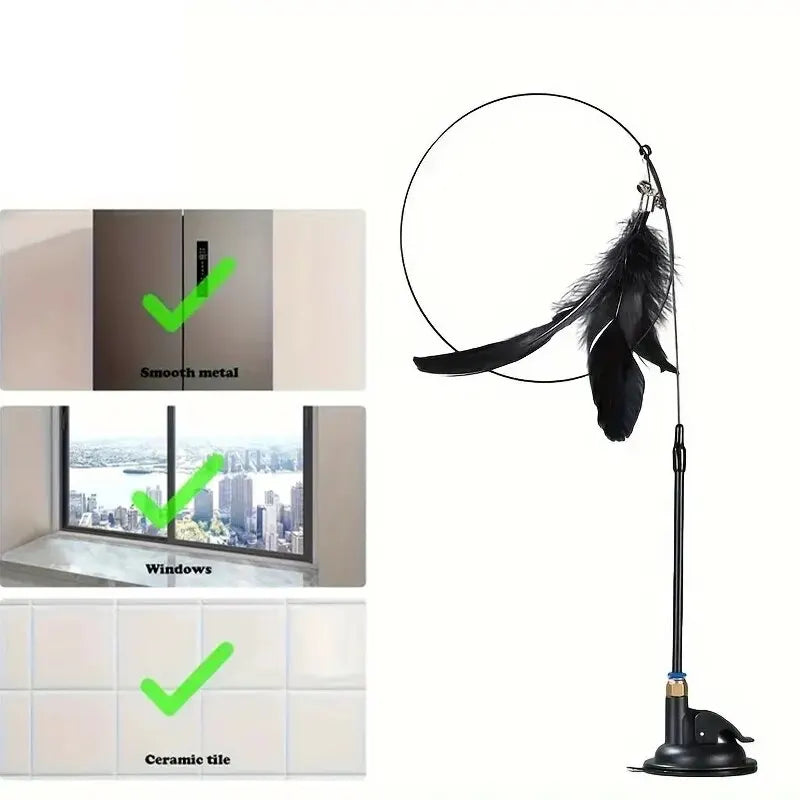 Cat Feather Wand Teaser | Interactive Bell & Feather Toy with Suction Cup Base