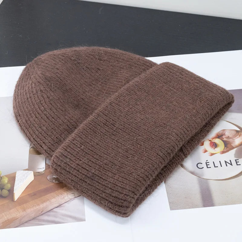 Women's Rabbit Fur Knitted Beanie | Thick Warm Winter Hat | 17 Colours
