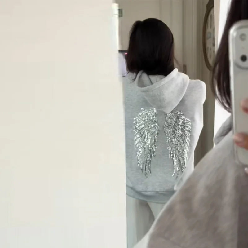 Women's Sequin Angel Wings Oversized Hoodie | Y2K Drop-Shoulder Pullover & Jogger Set