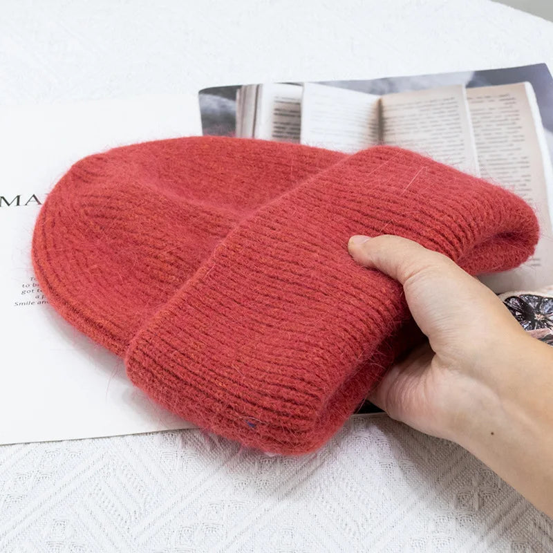 Women's Rabbit Fur Knitted Beanie | Thick Warm Winter Hat | 17 Colours