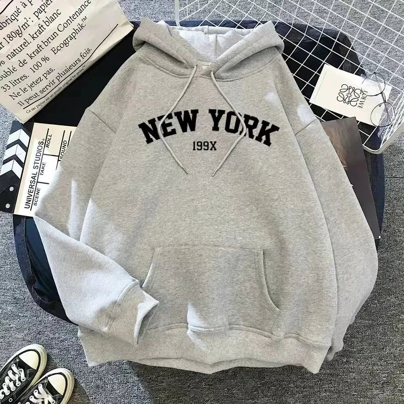 Women's New York Letter Hoodie – Y2K Fleece Pullover with Pockets