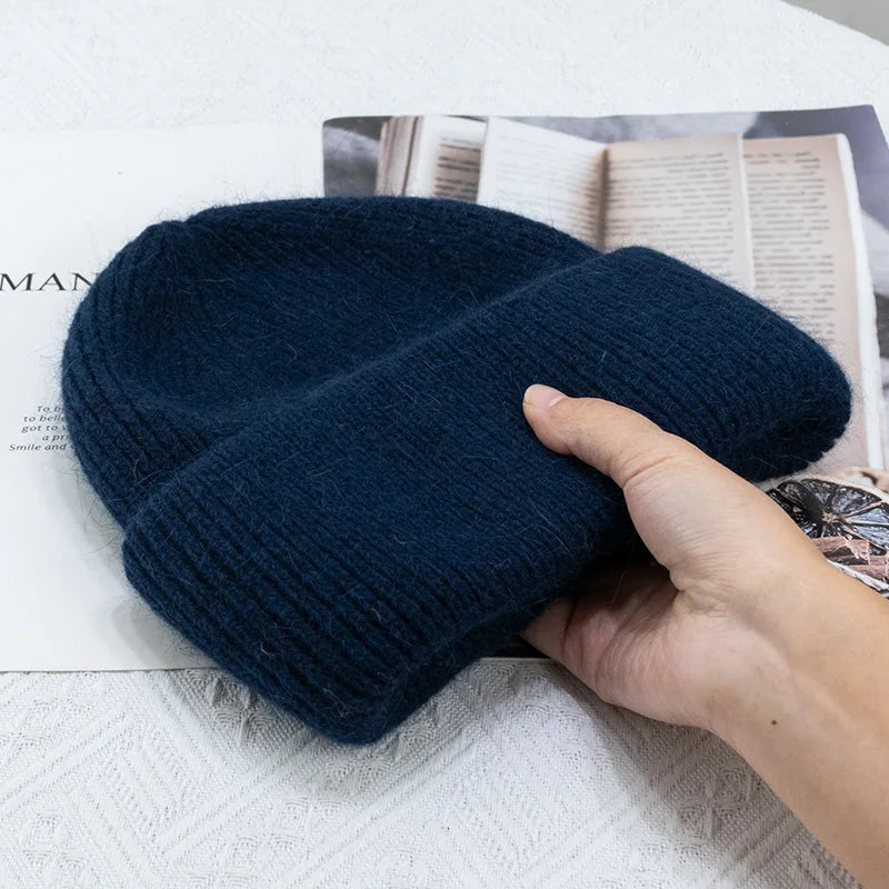 Women's Rabbit Fur Knitted Beanie | Thick Warm Winter Hat | 17 Colours