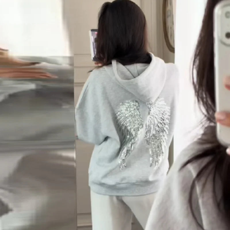 Women's Sequin Angel Wings Oversized Hoodie | Y2K Drop-Shoulder Pullover & Jogger Set
