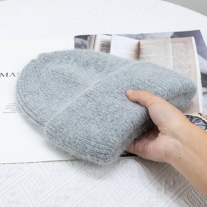 Women's Rabbit Fur Knitted Beanie | Thick Warm Winter Hat | 17 Colours