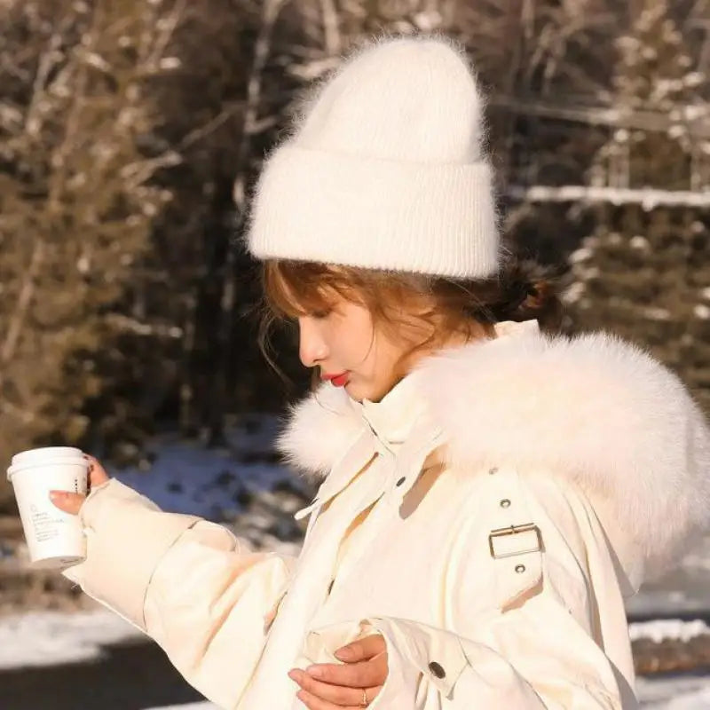 Women's Rabbit Fur Knitted Beanie | Thick Warm Winter Hat | 17 Colours