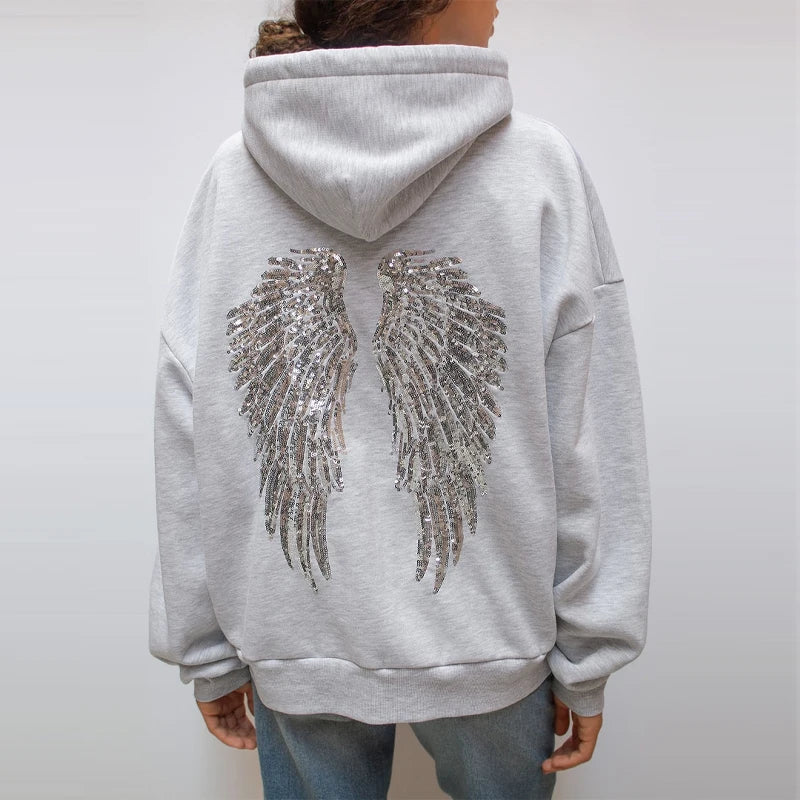 Women's Sequin Angel Wings Oversized Hoodie | Y2K Drop-Shoulder Pullover & Jogger Set