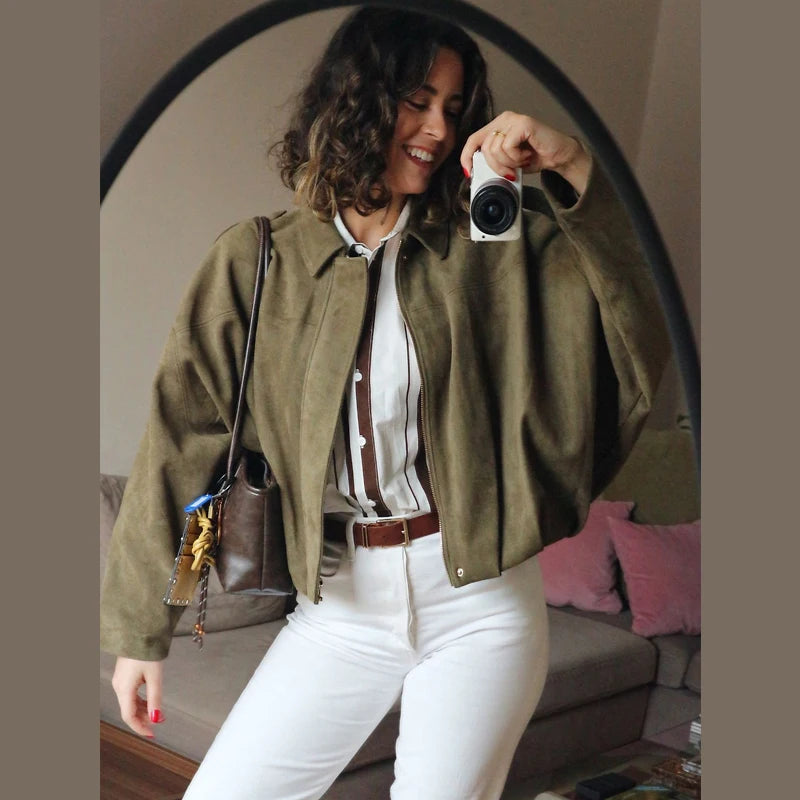 Women's Cropped Suede Bomber Jacket | High Street Zip-Up | Sizes XS–L