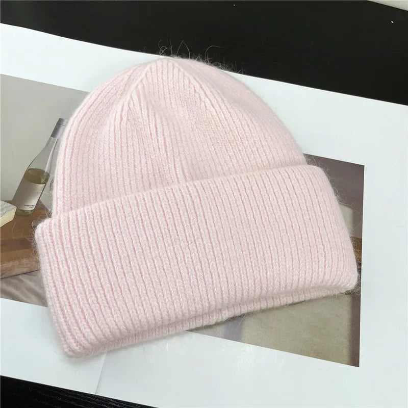 Women's Rabbit Fur Knitted Beanie | Thick Warm Winter Hat | 17 Colours