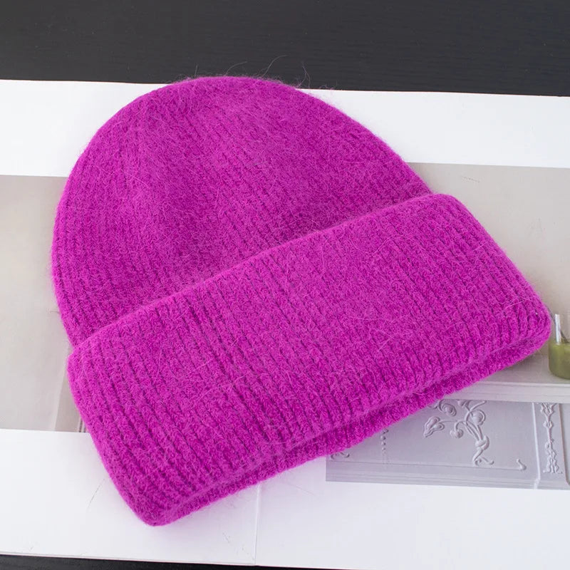 Women's Rabbit Fur Knitted Beanie | Thick Warm Winter Hat | 17 Colours