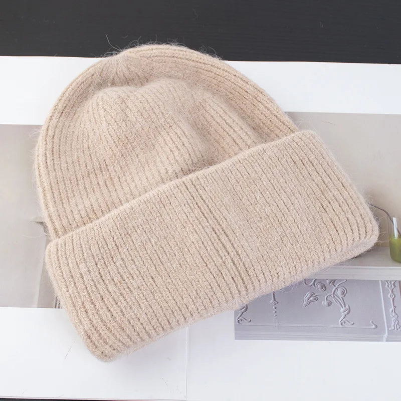 Women's Rabbit Fur Knitted Beanie | Thick Warm Winter Hat | 17 Colours