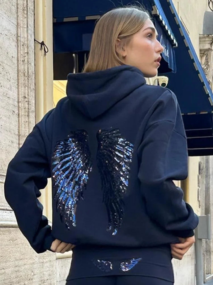 Women's Sequin Angel Wings Oversized Hoodie | Y2K Drop-Shoulder Pullover & Jogger Set
