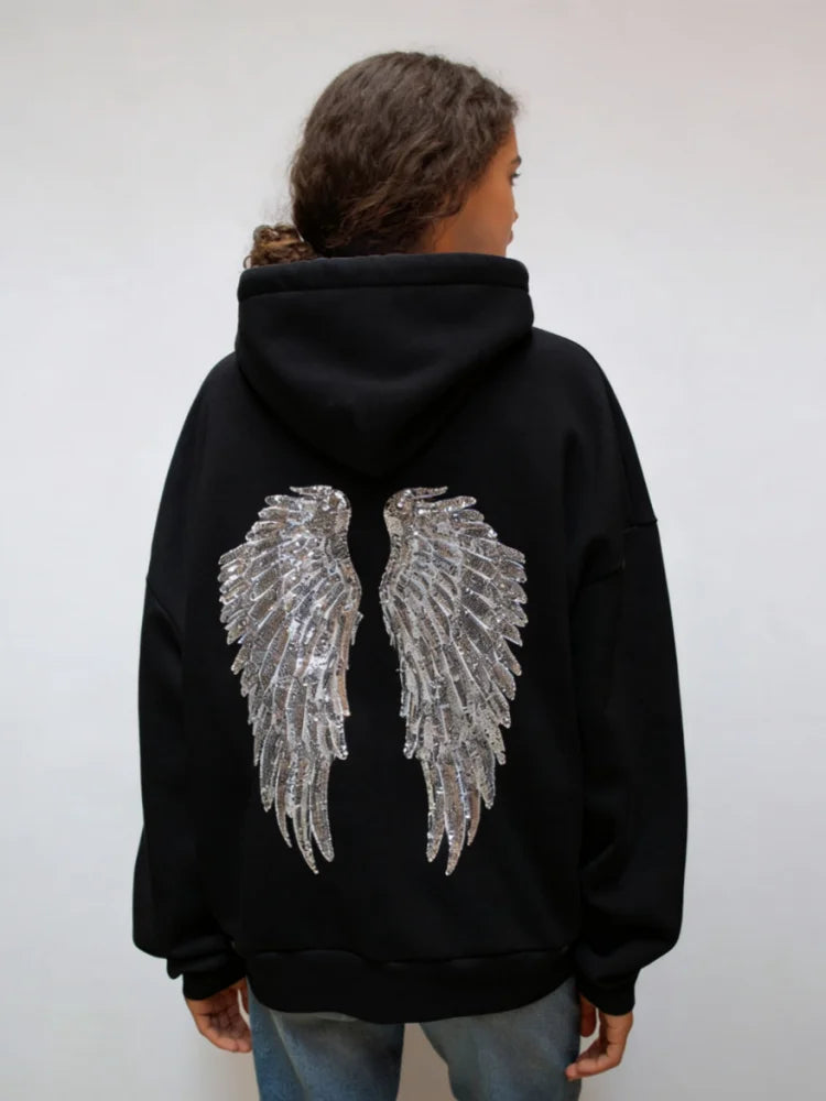 Women's Sequin Angel Wings Oversized Hoodie | Y2K Drop-Shoulder Pullover & Jogger Set