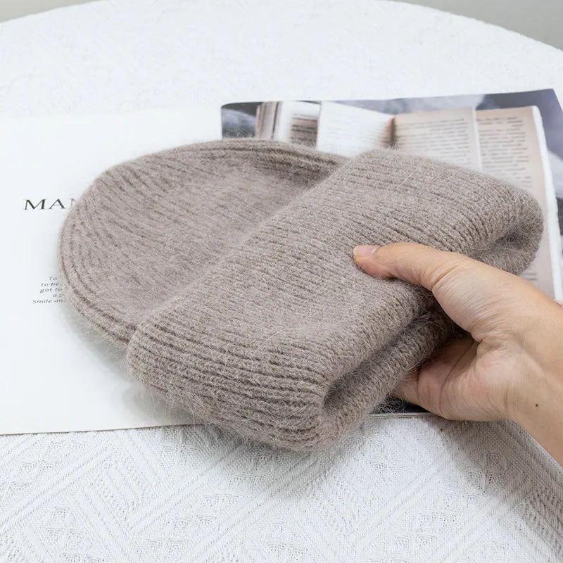 Women's Rabbit Fur Knitted Beanie | Thick Warm Winter Hat | 17 Colours