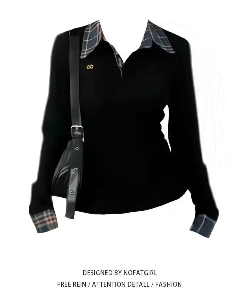 Women's Plaid Patchwork Polo Neck Top | Slim Fit Embroidery T-Shirt | Sizes S–XL