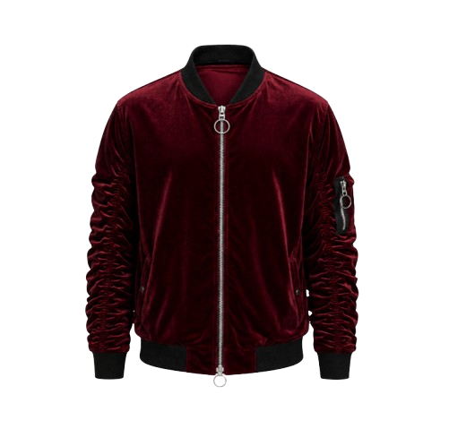 Mens Velour Scrunched Bomber Jacket – Full Zip with Sleeve Pocket
