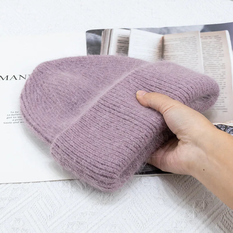 Women's Rabbit Fur Knitted Beanie | Thick Warm Winter Hat | 17 Colours