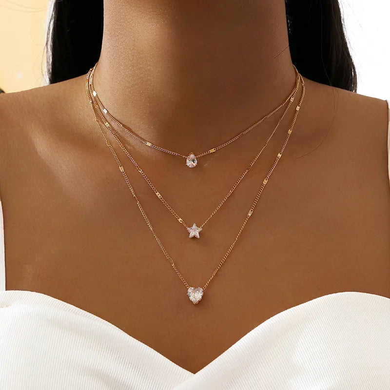 Women's Zircon Heart Pendant Necklace | Multilayer Chain Choker | Party Jewellery Gift