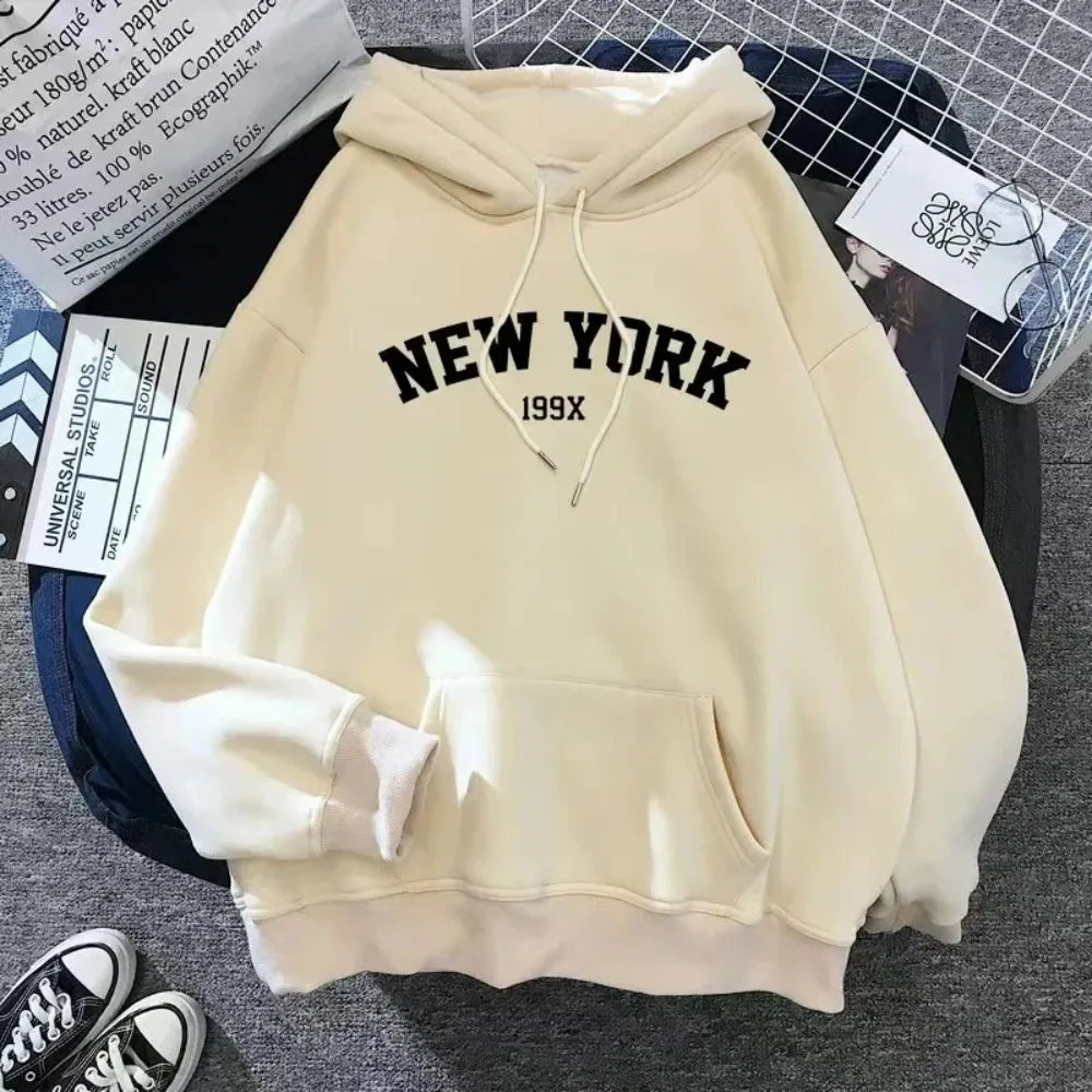 Women's New York Letter Hoodie – Y2K Fleece Pullover with Pockets