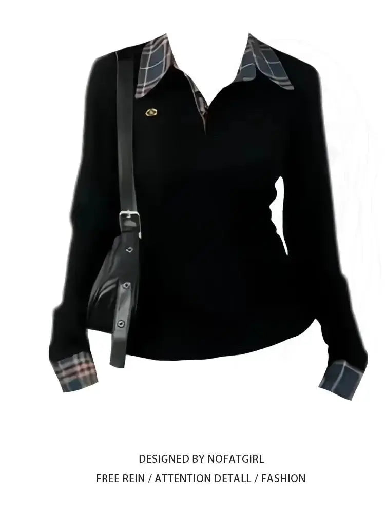 Women's Plaid Patchwork Polo Neck Top | Slim Fit Embroidery T-Shirt | Sizes S–XL