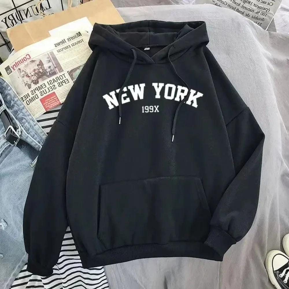 Women's New York Letter Hoodie – Y2K Fleece Pullover with Pockets