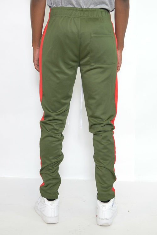 Men's Slim Fit Track Pants – Olive Stripe Joggers with Ankle Zipper
