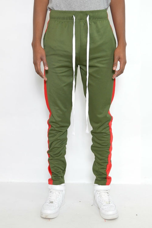 Men's Slim Fit Track Pants – Olive Stripe Joggers with Ankle Zipper